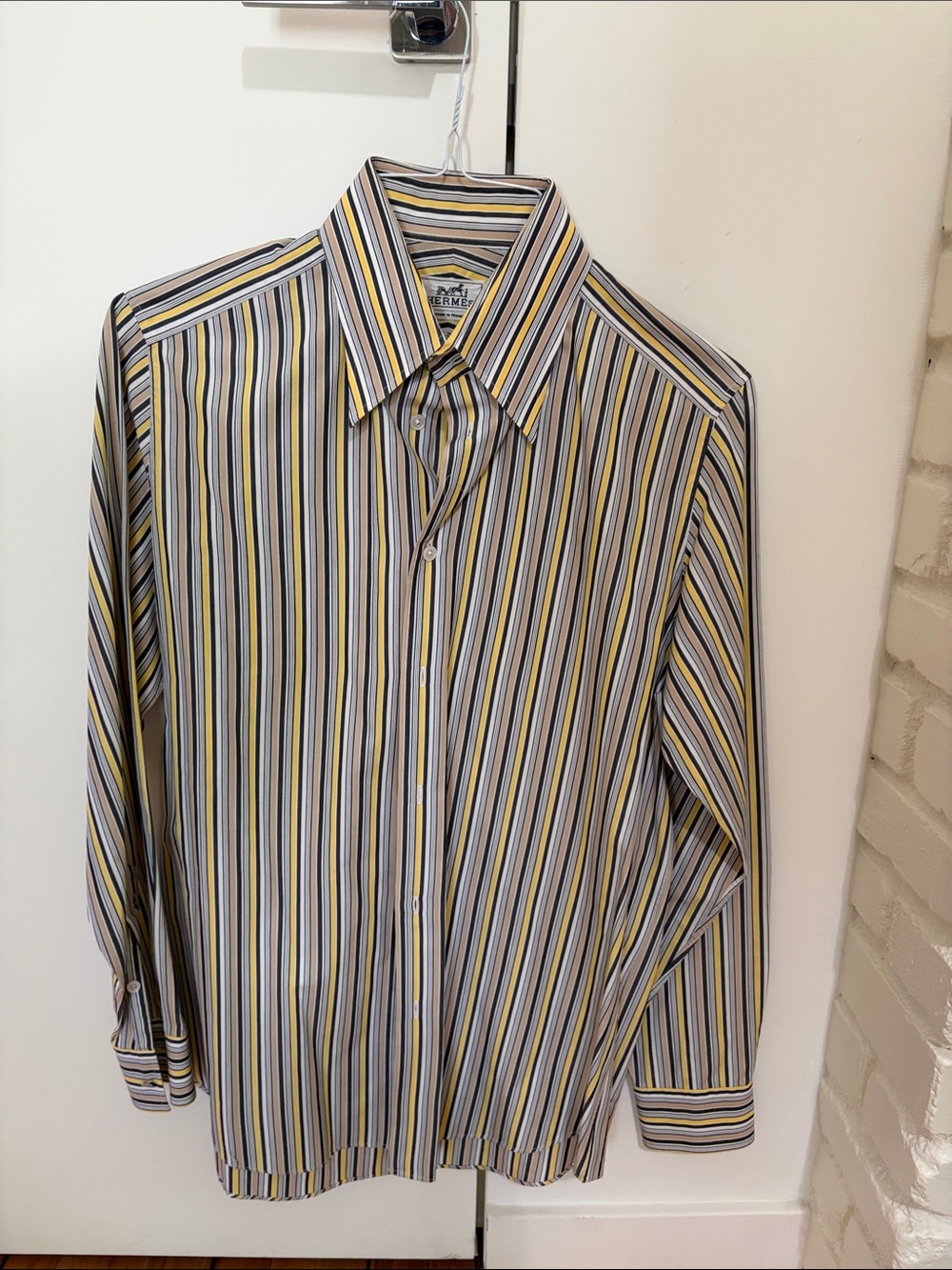 Hermes Men's Vertical Stripe Dress Shirt in Yellow, Black & White